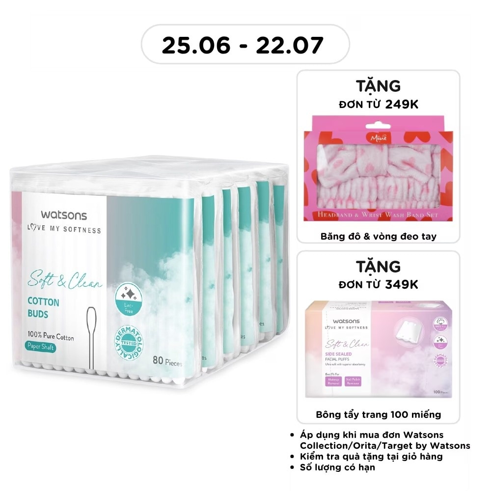 Tăm Bông Thân Giấy Watsons Paper Shaft Cotton Buds 80cây x 6gói