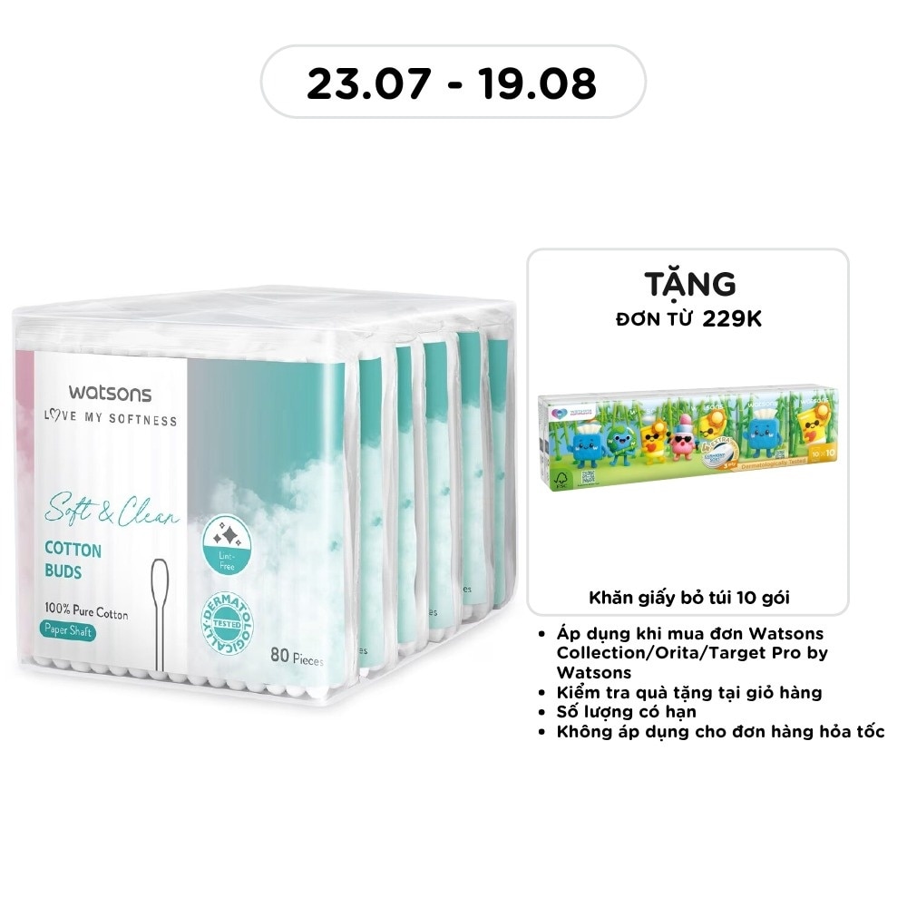 Tăm Bông Thân Giấy Watsons Paper Shaft Cotton Buds 80cây x 6gói
