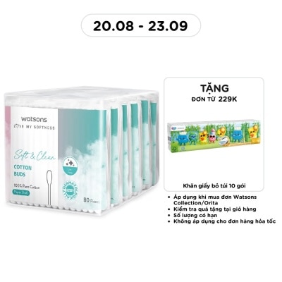 WATSONS - Tăm Bông Thân Giấy Watsons Paper Shaft Cotton Buds 80cây x 6gói image