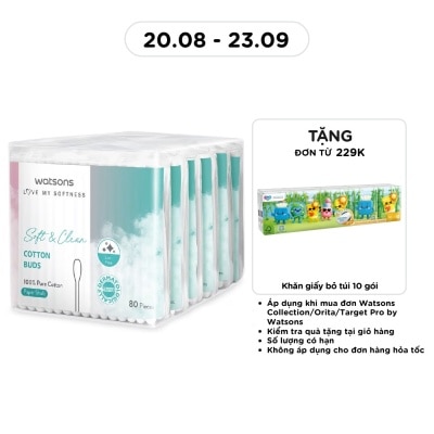 WATSONS - Tăm Bông Thân Giấy Watsons Paper Shaft Cotton Buds 80cây x 6gói image
