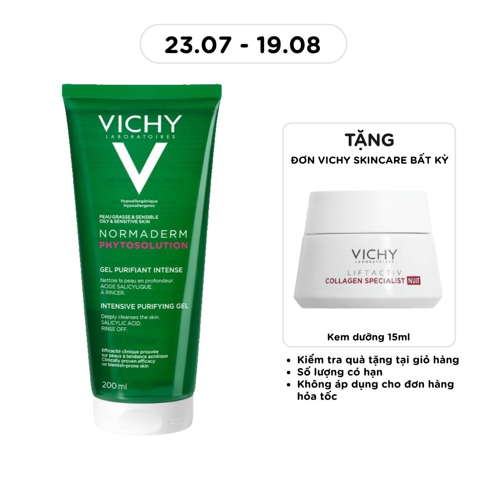 Gel Rửa Mặt Vichy Normaderm Phytosolution Purifying Giàu Khoáng Và Pribiotic Giúp Làm Sạch Sâu 200ml