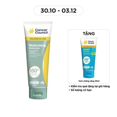 CANCER COUNCIL Kem Chống Nắng Cancer Council Moisturising With Aloe Vera & Vitamin E Dưỡng Ẩm SPF50+ UVA-UVB 110ml