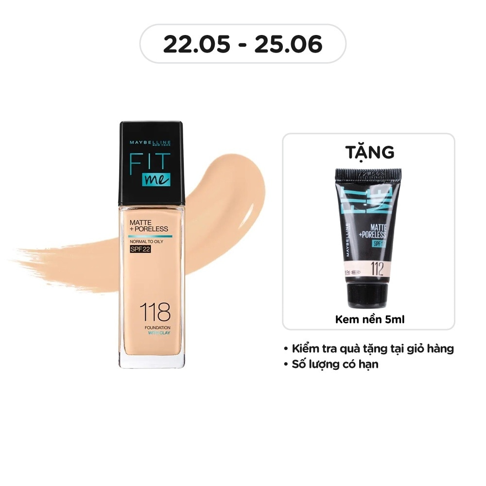 MAYBELLINE NEW YORK Kem Nền Maybelline New York Fit Me Matte+ Poreless Kiềm Dầu Chống Nắng SPF22 30ml .#118 Light Beige