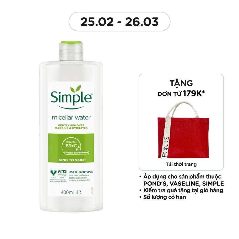 Nước Tẩy Trang Simple Dịu Nhẹ Làm Sạch Lớp Trang Điểm Và Cấp Ẩm Cho Da 400ml