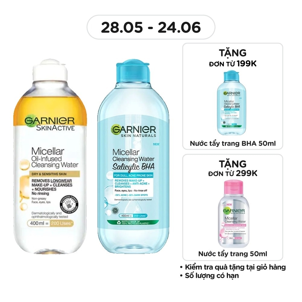 Combo Garnier ( Nước Làm Sạch, Tẩy Trang Micellar Oil-Infused 400ml & Nước Tẩy Trang Salicylic BHA 400ml )