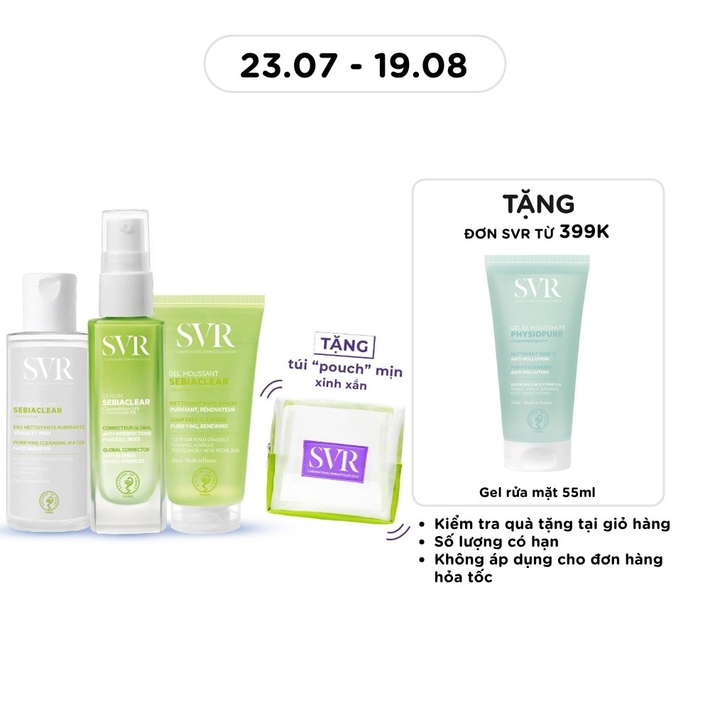 Combo SVR Sebiaclear (Tinh Chất 30ml + Nước Tẩy Trang 75ml + Gel Rửa Mặt 55ml + Túi Lưới)