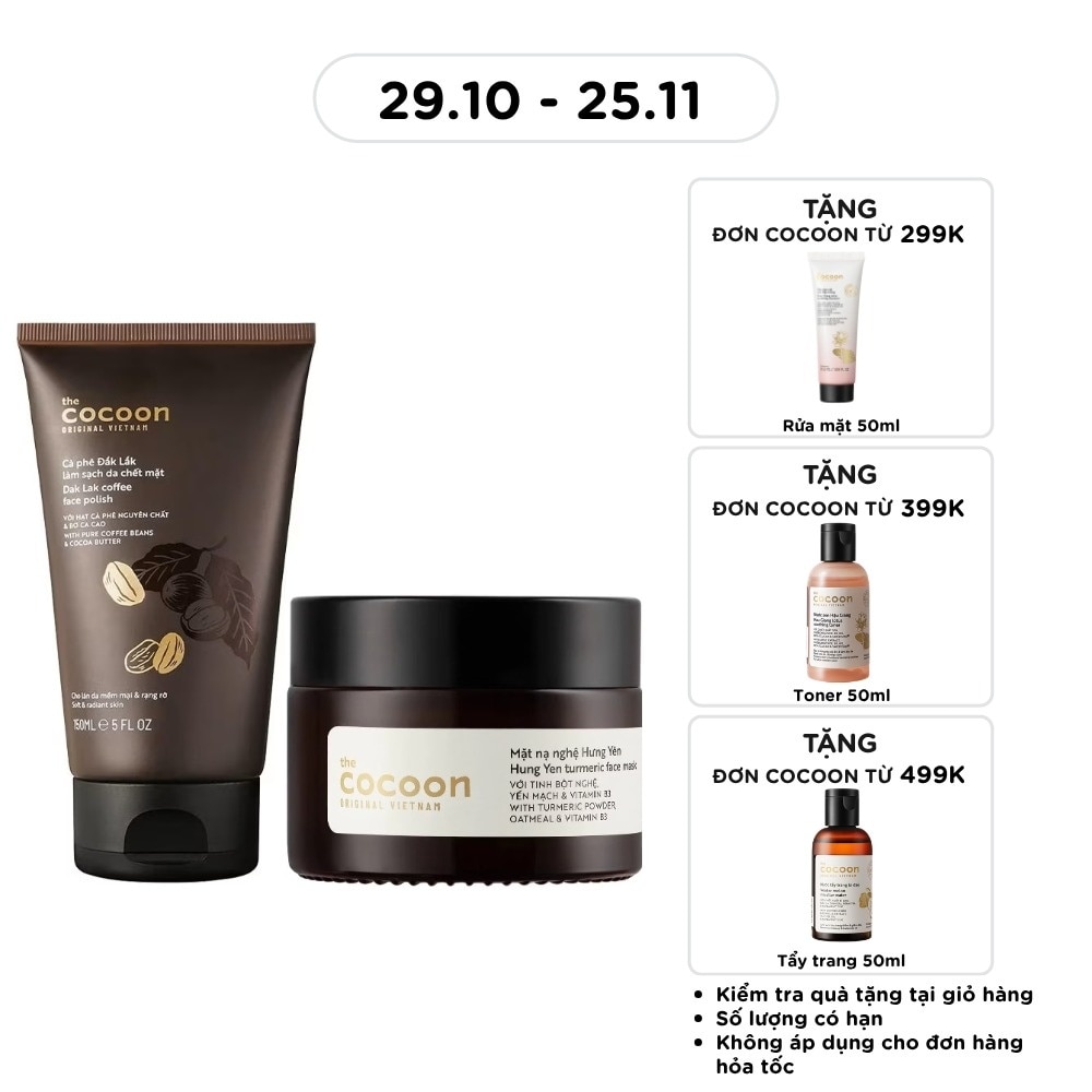 Combo Cocoon (Tẩy Tế Bào Chết Mặt Dak Lak Coffee 150ml + Mặt Nạ Nghệ Hưng Yên Turmeric 30ml)