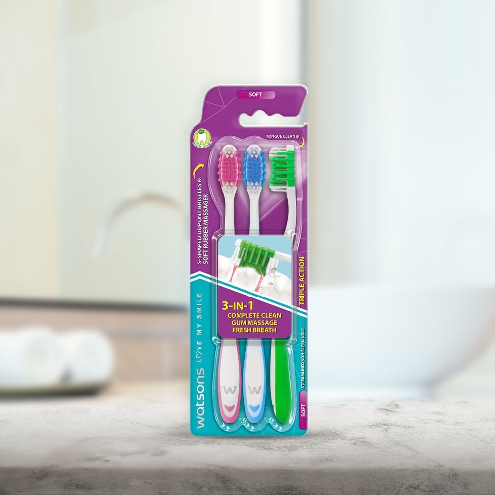 Bàn Chải Đánh Răng Watsons Triple Action Toothbrush (Soft) 3s