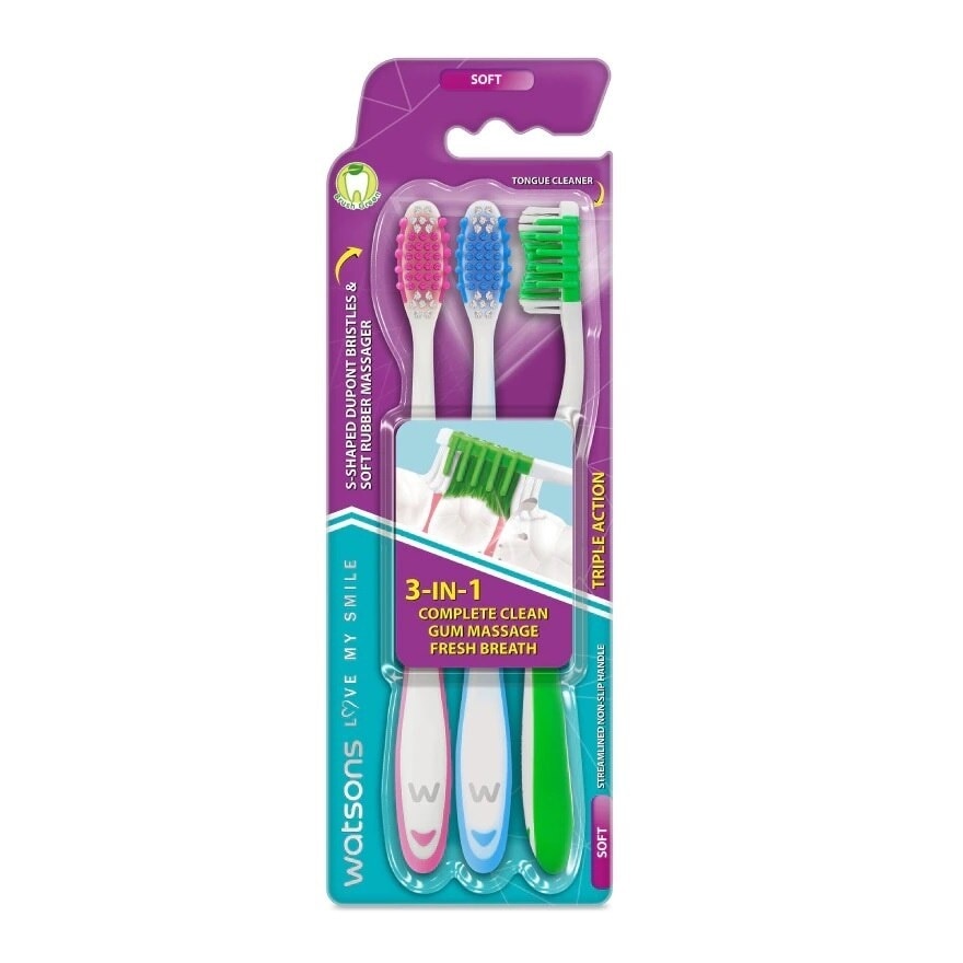 Bàn Chải Đánh Răng Watsons Triple Action Toothbrush (Soft) 3s image