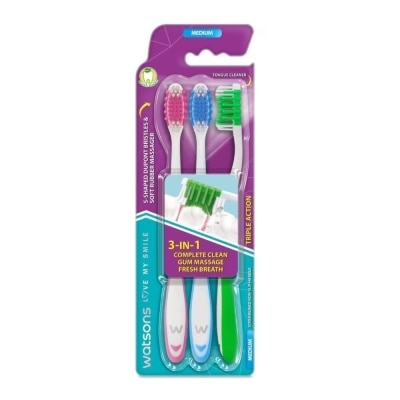 WATSONS Bàn Chải Đánh Răng Watsons Triple Action Toothbrush (Medium) 3s