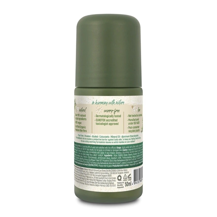 Lăn Khử Mùi Naturals By Watsons Chiết Xuất Lô Hội True Natural Aloe Vera Deodorant Roll-On 50ml