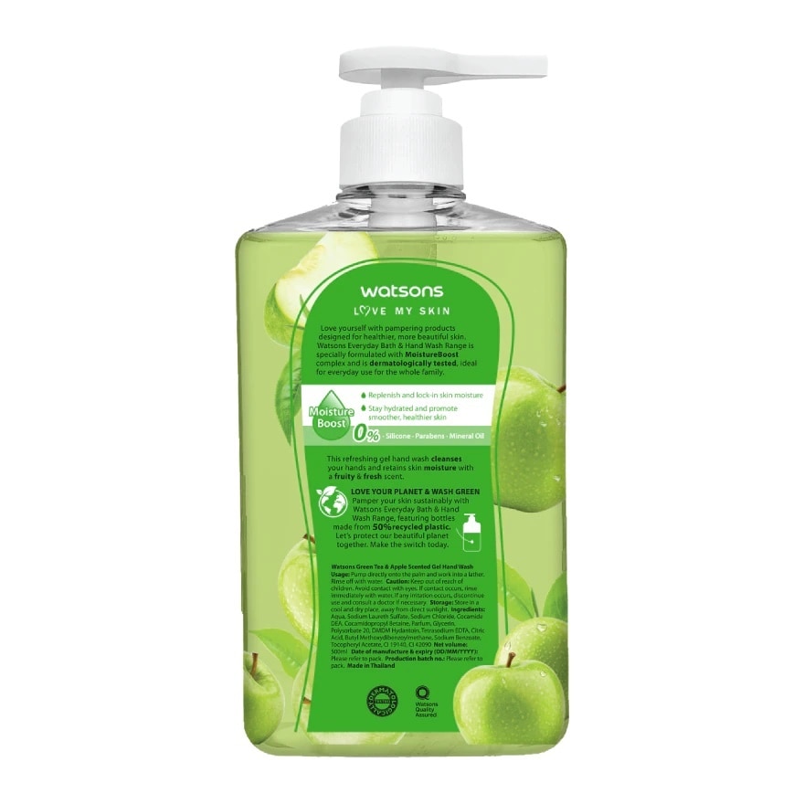 Gel Rửa Tay Watsons Love My Skin Green Tea Apple Scented Gel Hand Wash 500ml