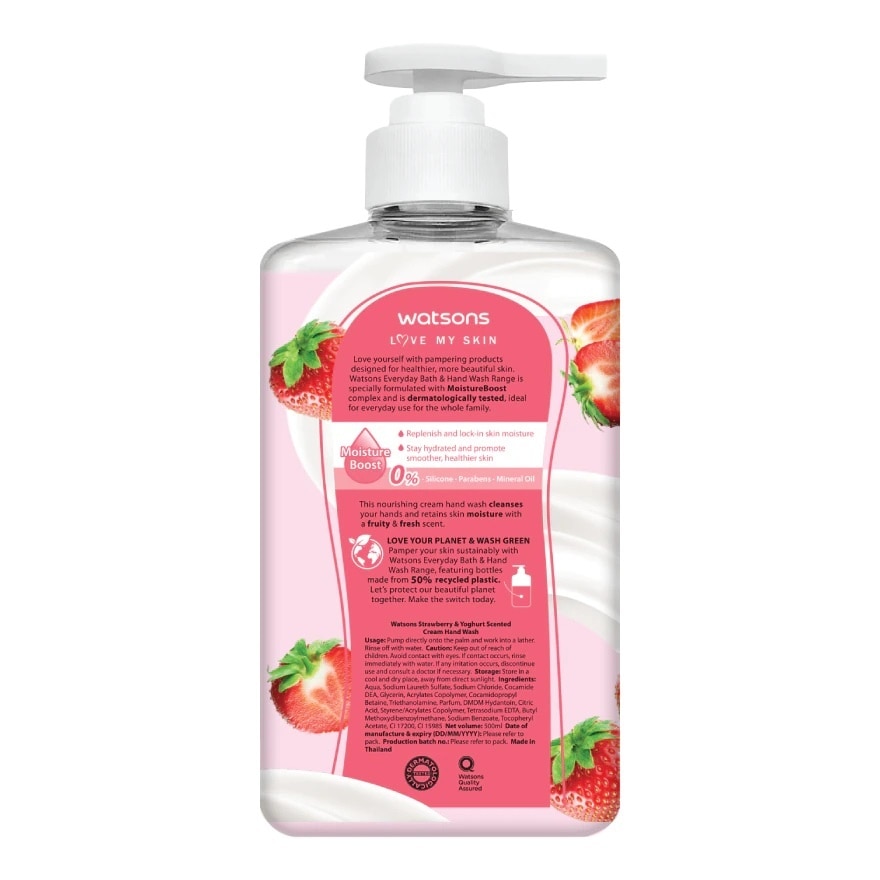 Kem Rửa Tay Watsons Love My Skin Strawberry Yoghurt Scented Cream Hand Wash 500ml