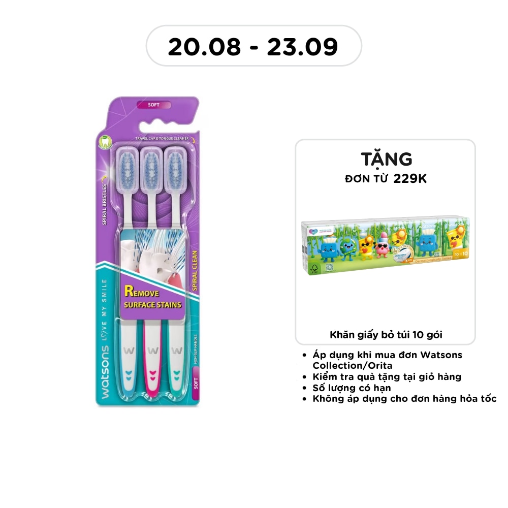 Bàn Chải Đánh Răng Watsons Spiral Clean Toothbrush (Soft)3 cây