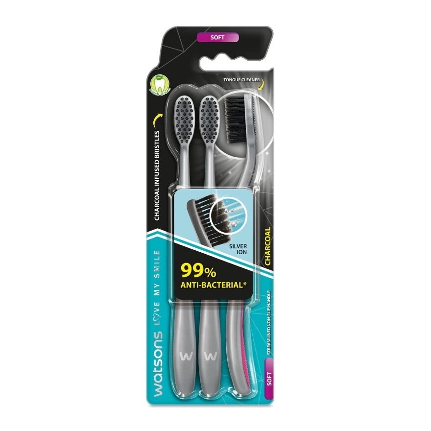 Bàn Chải Đánh Răng Watsons Charcoal Toothbrush (Soft) 3 cây