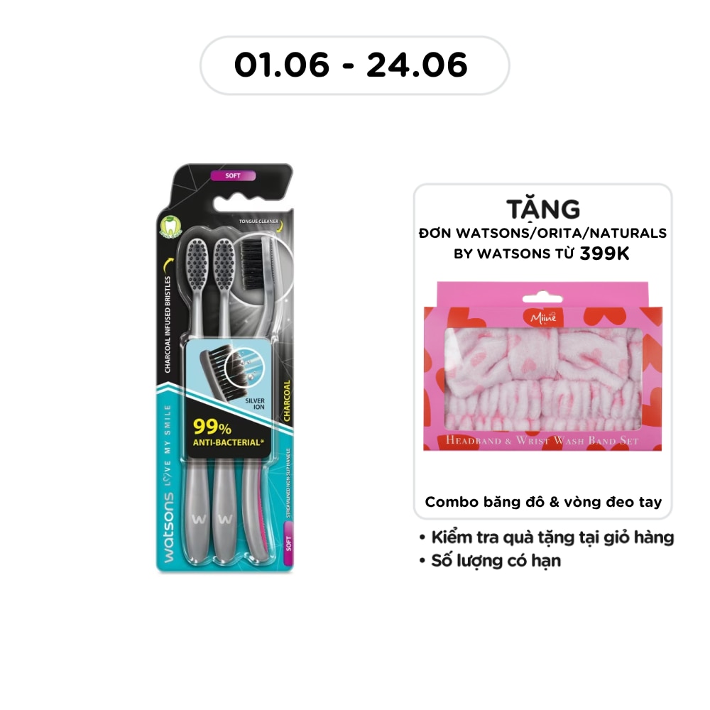 Bàn Chải Đánh Răng Watsons Charcoal Toothbrush (Soft) 3 cây