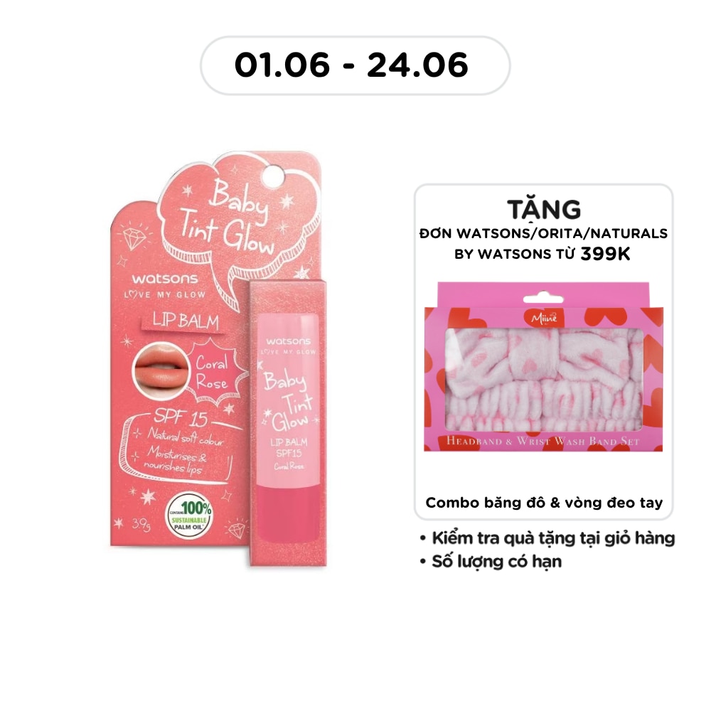 Son Dưỡng Có Màu Watsons Baby Tint Glow Coral Rose SPF15 3.9g