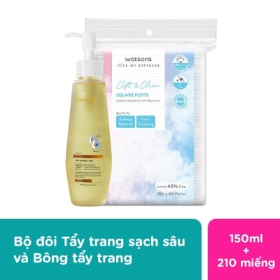 DERMACTION PLUS BY WATSONS Combo Cleansing Oil 150ml + Square Puffs 210s