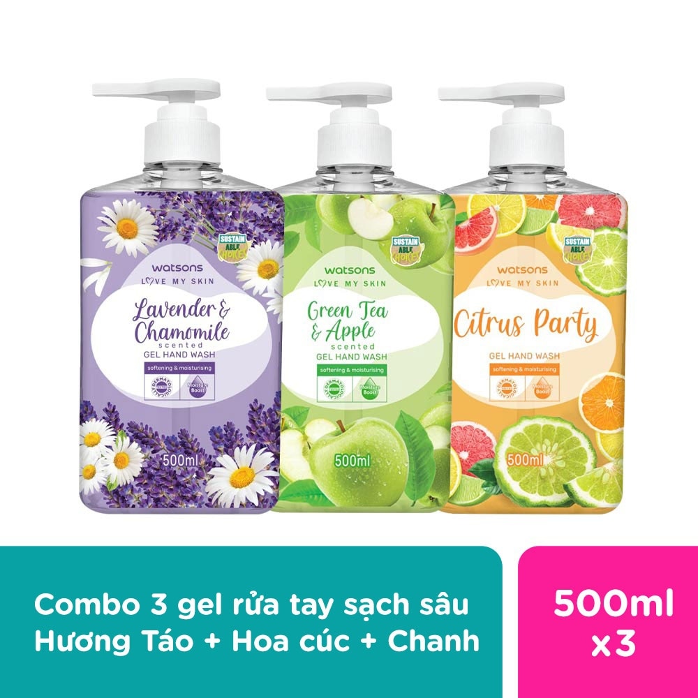 Combo 3 Gel Rửa Tay Sạch Sâu Táo + Hoa Cúc + Chanh Watsons Love My Skin 500ml