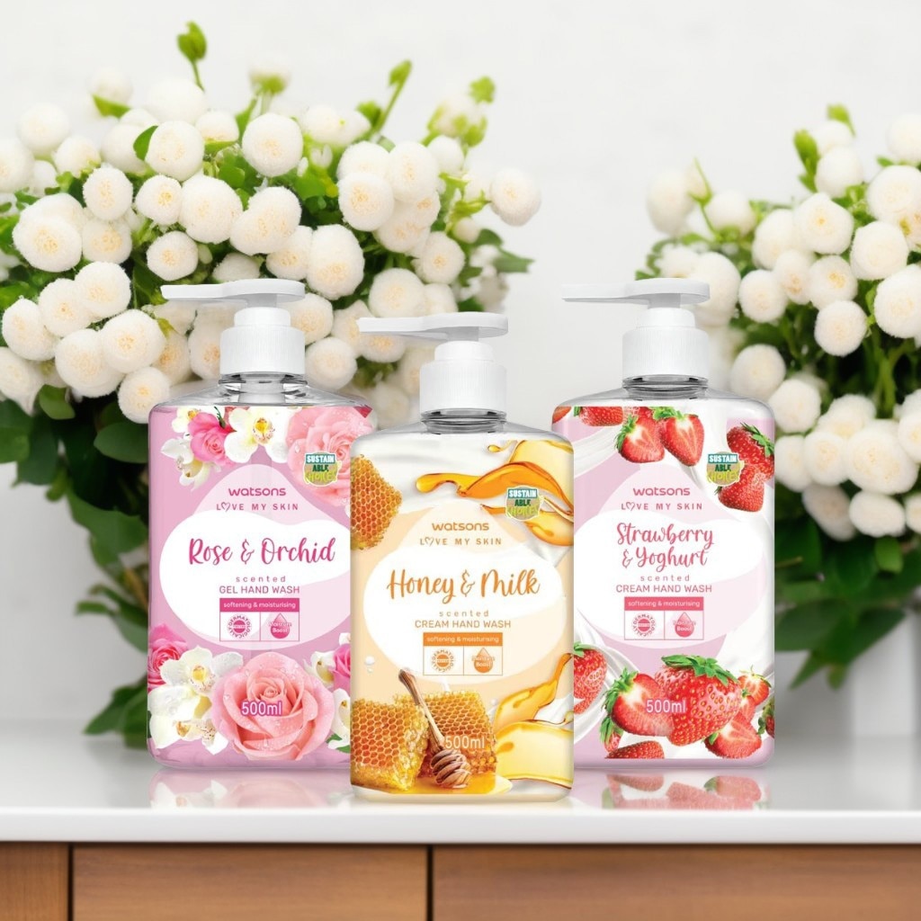 Combo 3 Gel Rửa Tay Dưỡng Ẩm Mật Ong + Hoa Hồng + Dâu Tây Watsons Love My Skin 500ml