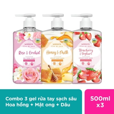 WATSONS Combo 3 Gel Rửa Tay Dưỡng Ẩm Mật Ong + Hoa Hồng + Dâu Tây Watsons Love My Skin 500ml