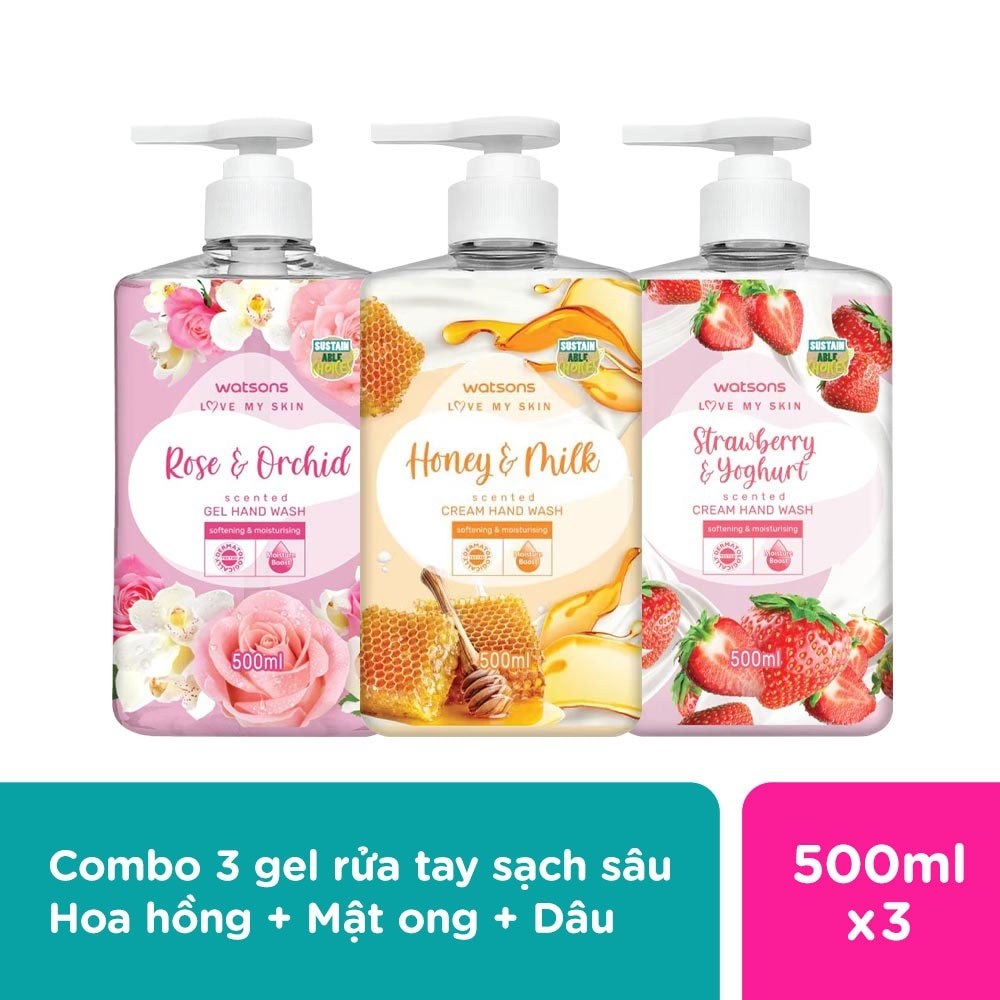 Combo 3 Gel Rửa Tay Dưỡng Ẩm Mật Ong + Hoa Hồng + Dâu Tây Watsons Love My Skin 500ml