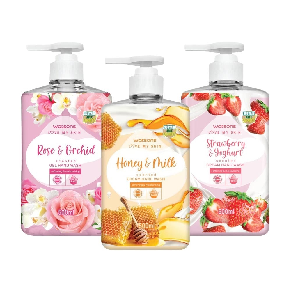 Combo 3 Gel Rửa Tay Dưỡng Ẩm Mật Ong + Hoa Hồng + Dâu Tây Watsons Love My Skin 500ml