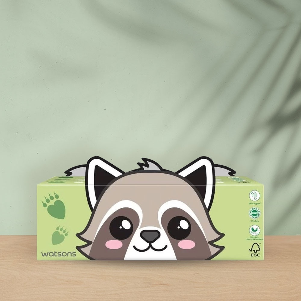 Khăn Giấy Hộp Watsons Facial Box Tissue 3ply x 100s (Racoon+Sloth)(Hình Ngẫu Nhiên)