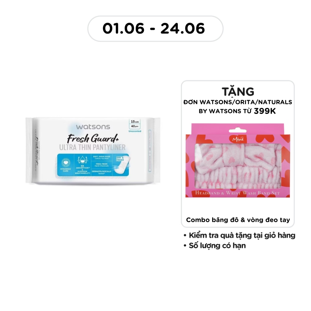 Băng Vệ Sinh Hàng Ngày Watsons Fresh Guard+ Siêu Mỏng Không Mùi 15cm 40 Miếng