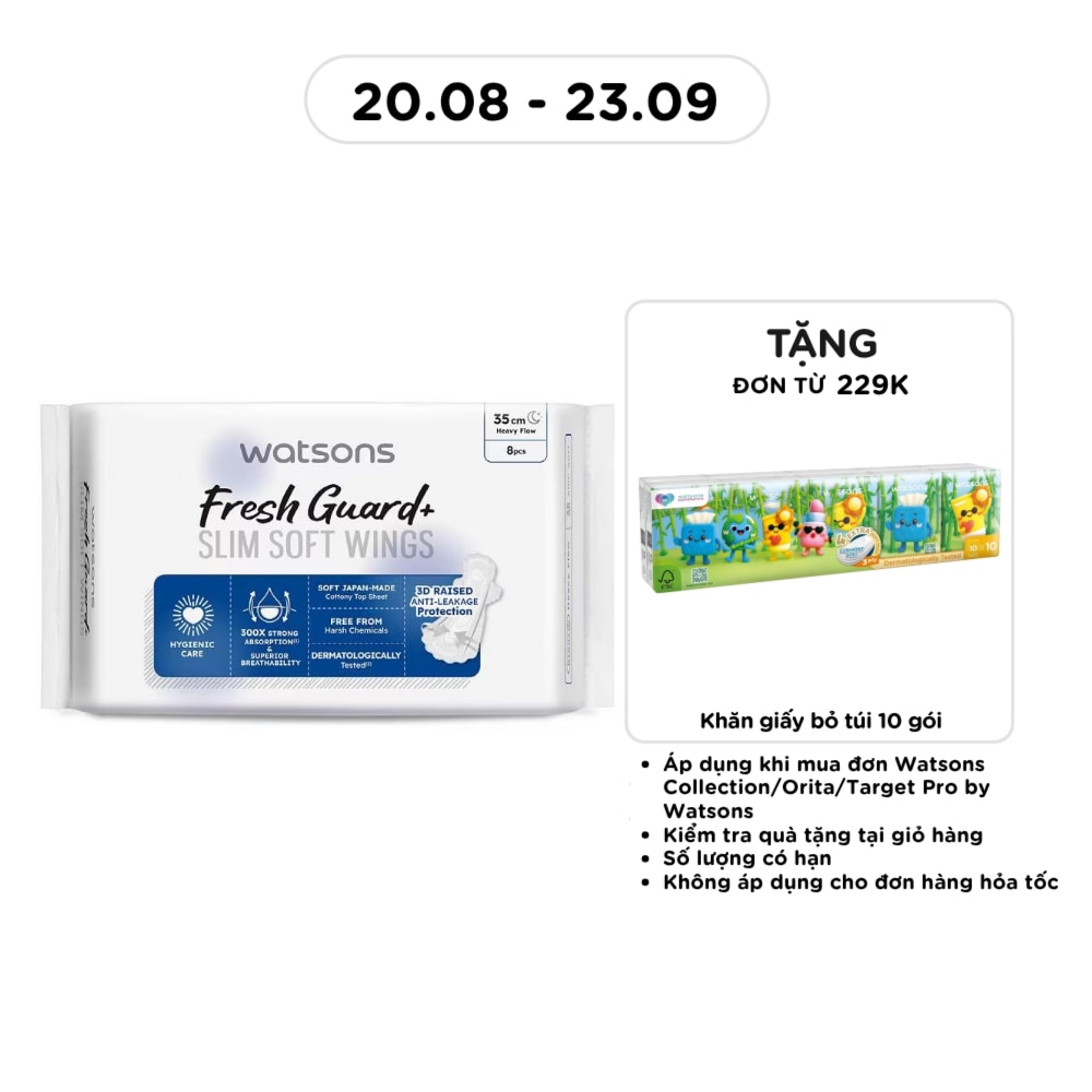 Băng Vệ Sinh Ban Đêm Mỏng Có Cánh Watsons Fresh Guard+ 35cm 8 Miếng image