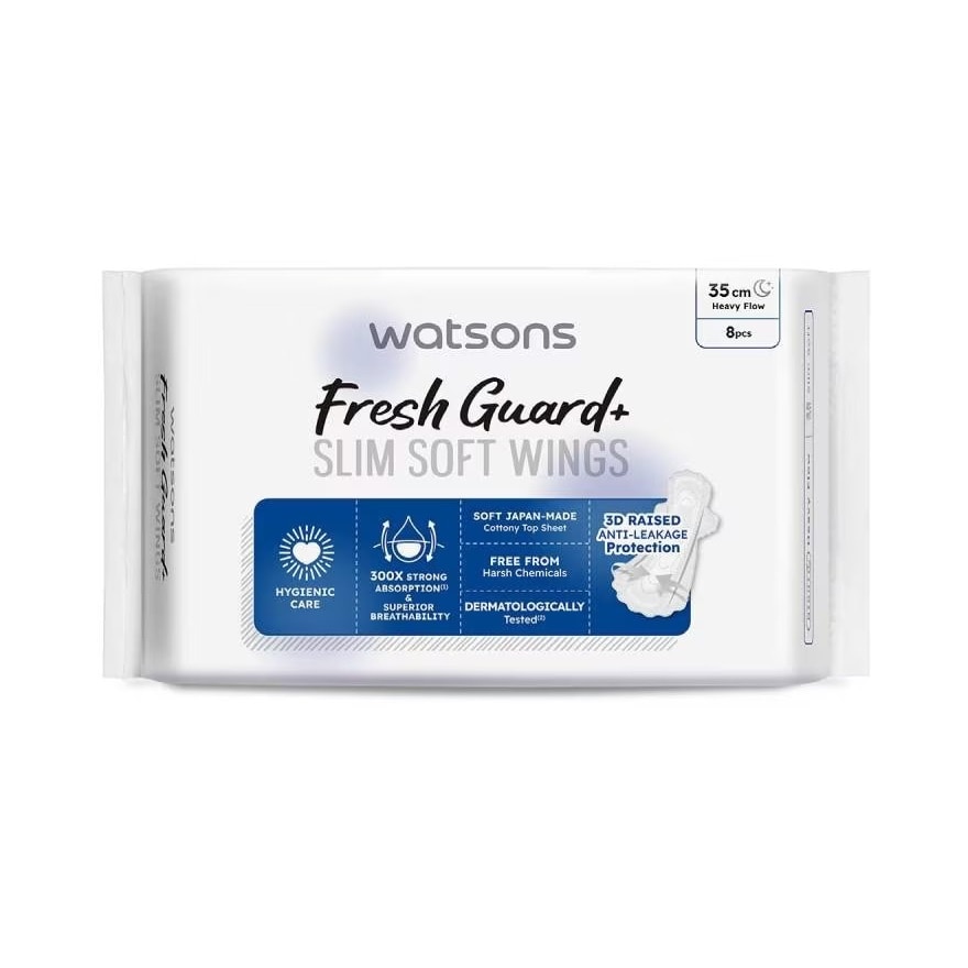 Băng Vệ Sinh Ban Đêm Mỏng Có Cánh Watsons Fresh Guard+ 35cm 8 Miếng image