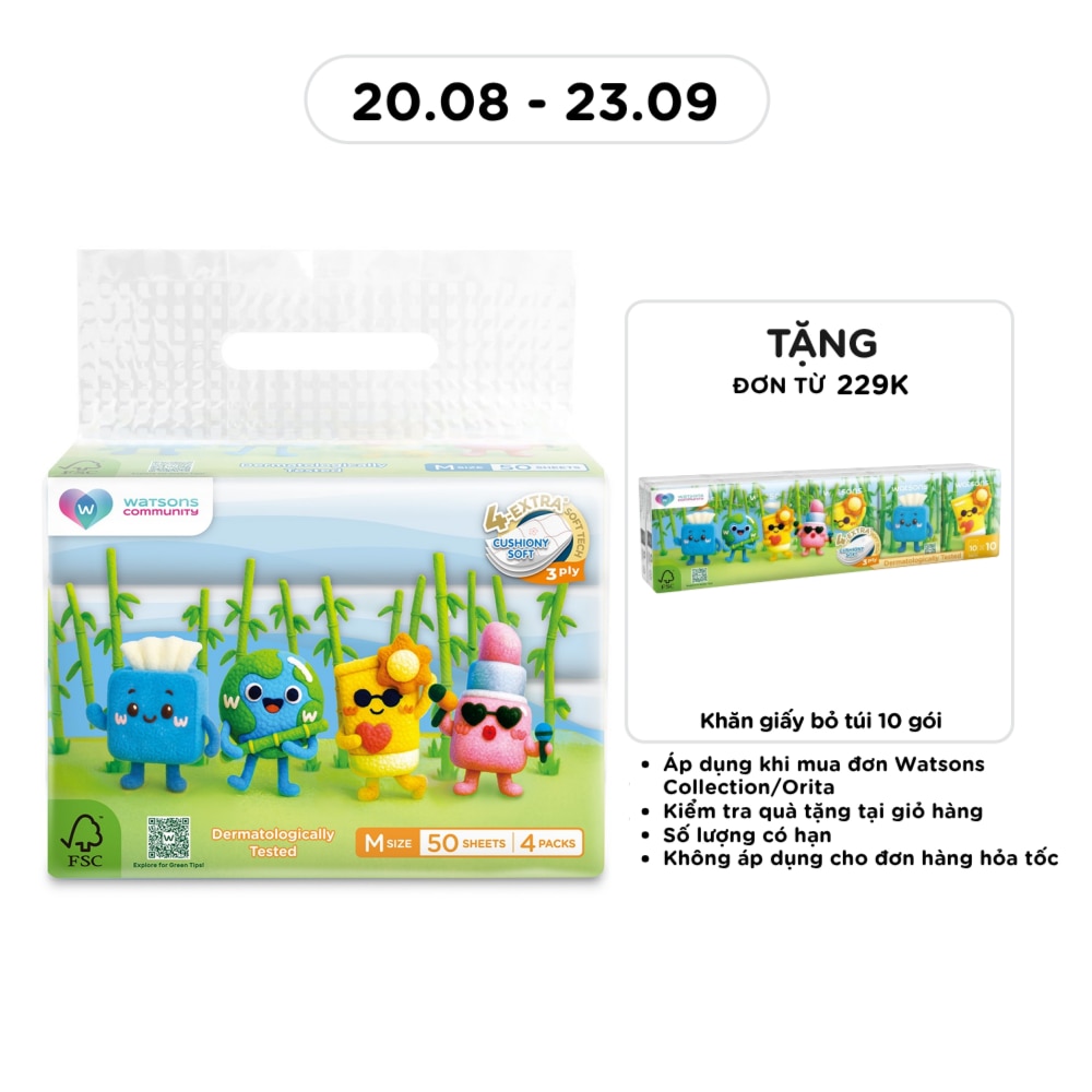 Khăn Giấy Watsons Velvet Dùng Cho Mặt Size M 3 lớp x 50 tờ x 4 gói