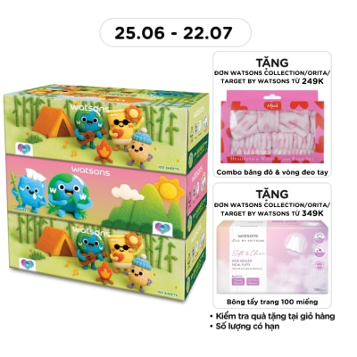 WATSONS - Bộ 3 Khăn Giấy Hộp Watsons Velvet Dùng Cho Mặt 3 Lớp 100 Tờ