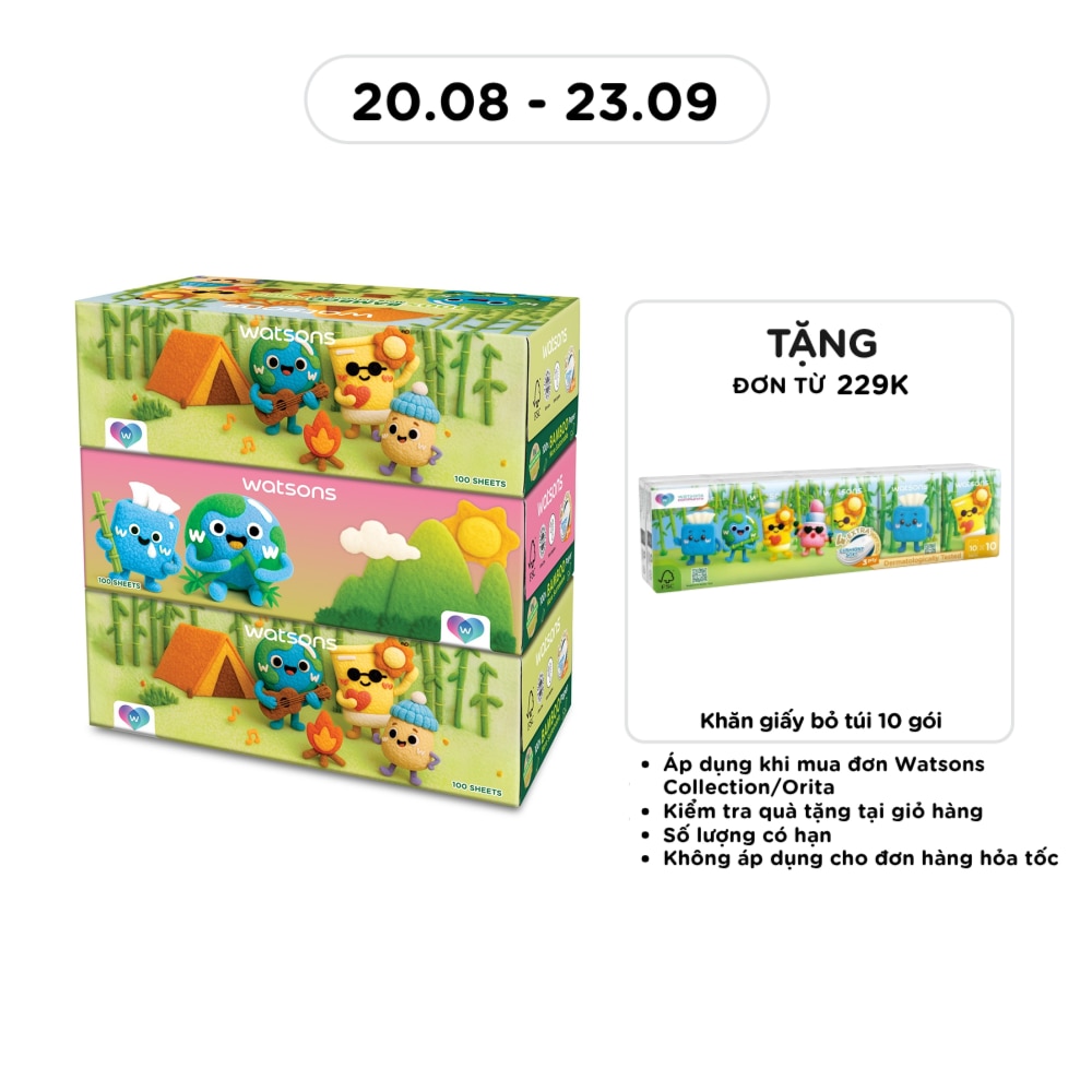 Bộ 3 Khăn Giấy Hộp Watsons Velvet Dùng Cho Mặt 3 Lớp 100 Tờ