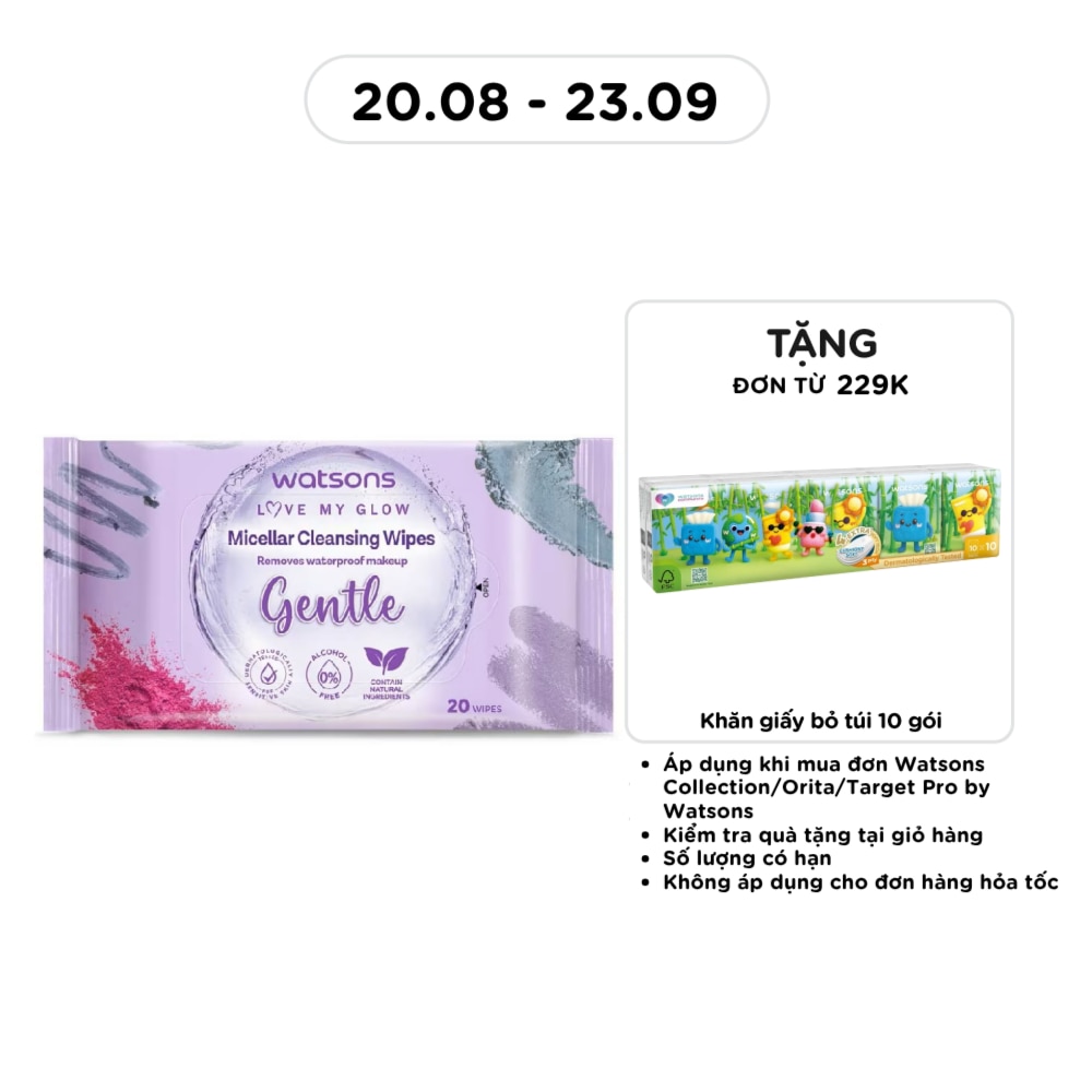 Khăn Ướt Tẩy Trang Watsons Micellar Cleansing Wipes Gentle 20 miếng image