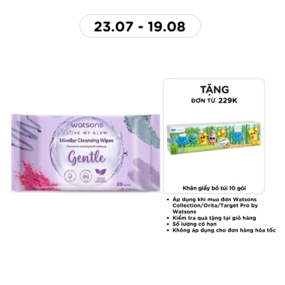 WATSONS - Khăn Ướt Tẩy Trang Watsons Micellar Cleansing Wipes Gentle 20 miếng image