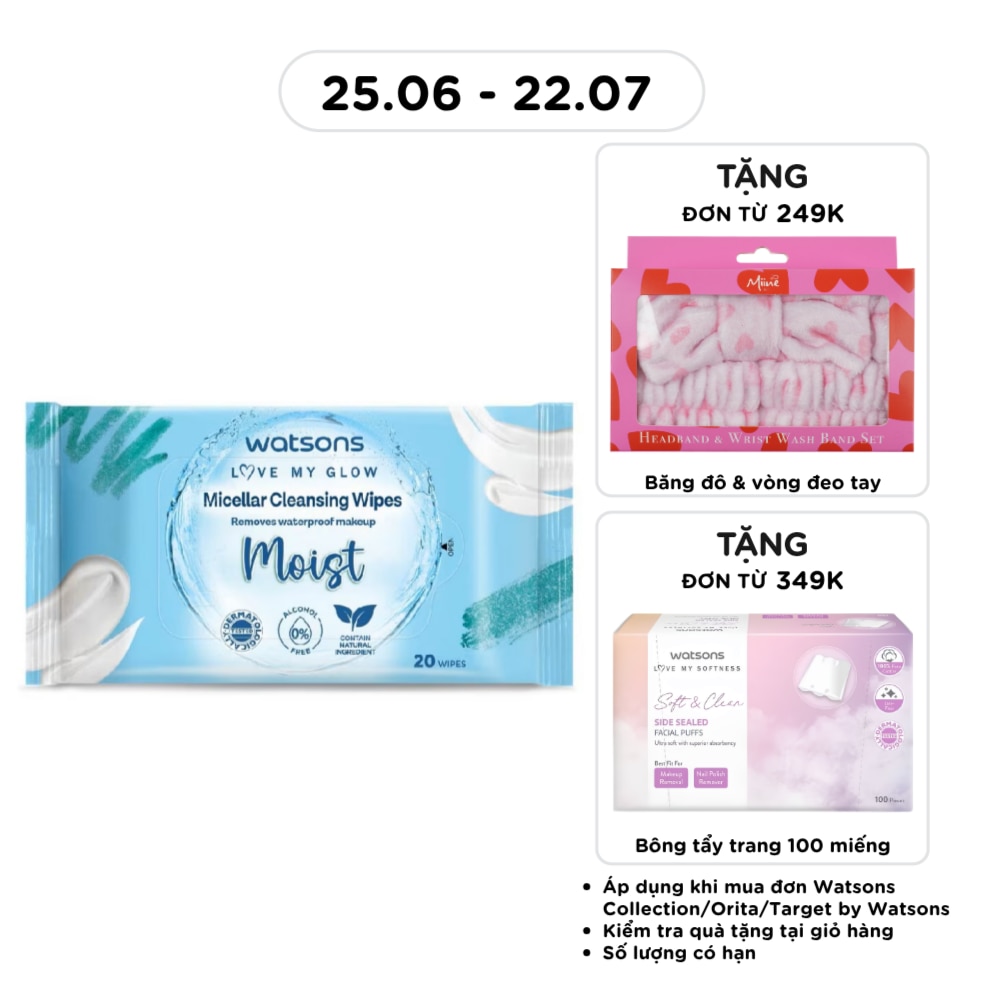 Khăn Ướt Tẩy Trang Watsons Micellar Cleansing Wipes Moist 20 miếng