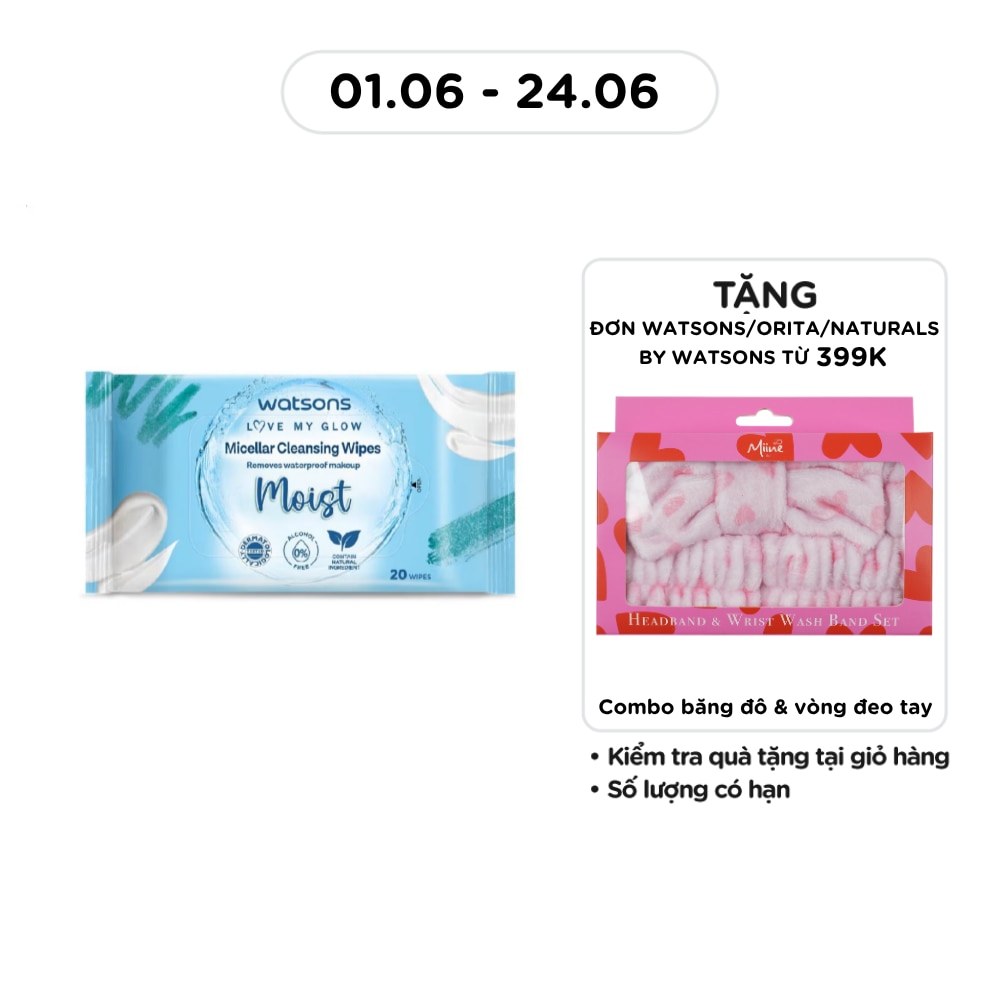 Khăn Ướt Tẩy Trang Watsons Micellar Cleansing Wipes Moist 20 miếng