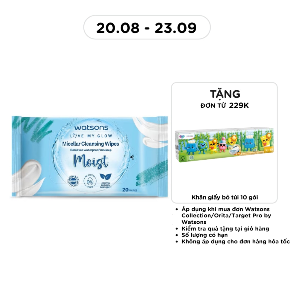 Khăn Ướt Tẩy Trang Watsons Micellar Cleansing Wipes Moist 20 miếng image
