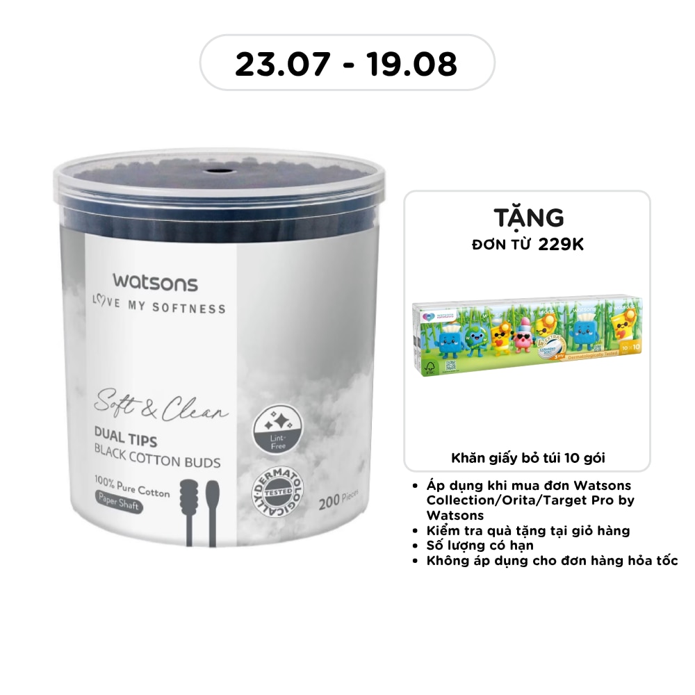 Tăm Bông Đen Hai Đầu Watsons Paper Shaft Dual Tips Black Cotton Buds 200cây