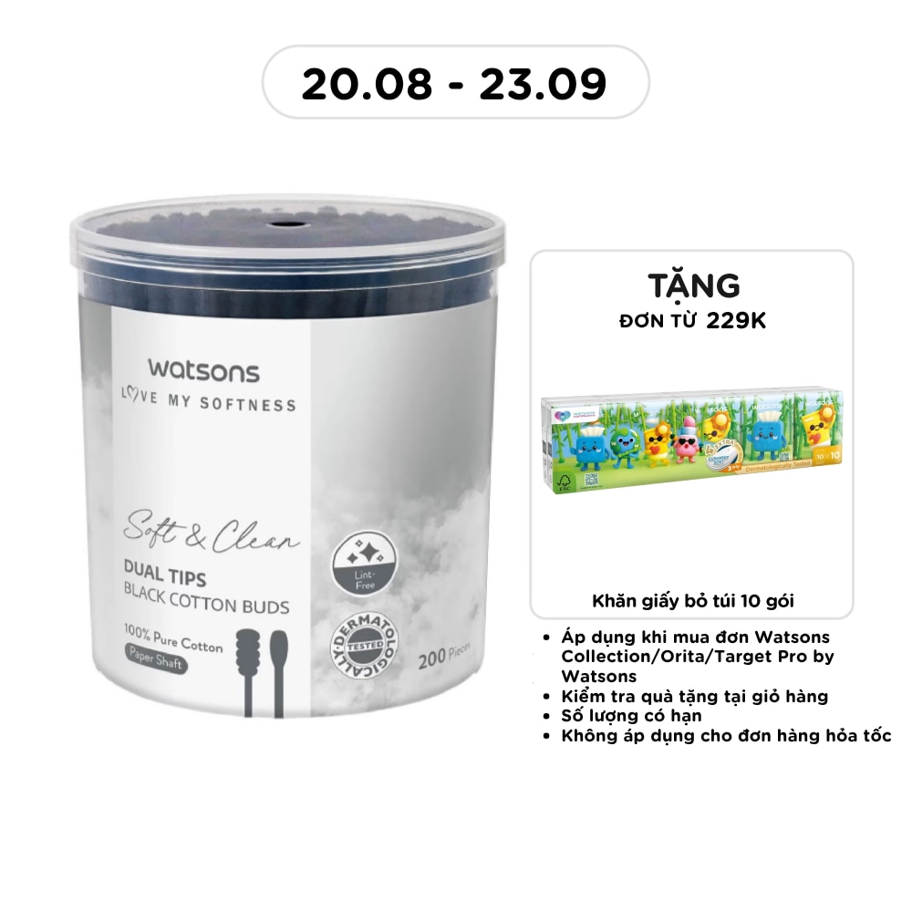 Tăm Bông Đen Hai Đầu Watsons Paper Shaft Dual Tips Black Cotton Buds 200cây image