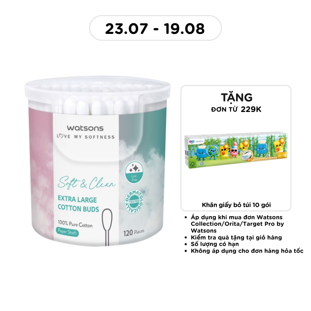 Tăm Bông Thân Giấy Cỡ Lớn Watsons Paper Shaft Extra Large Cotton Buds 120cây