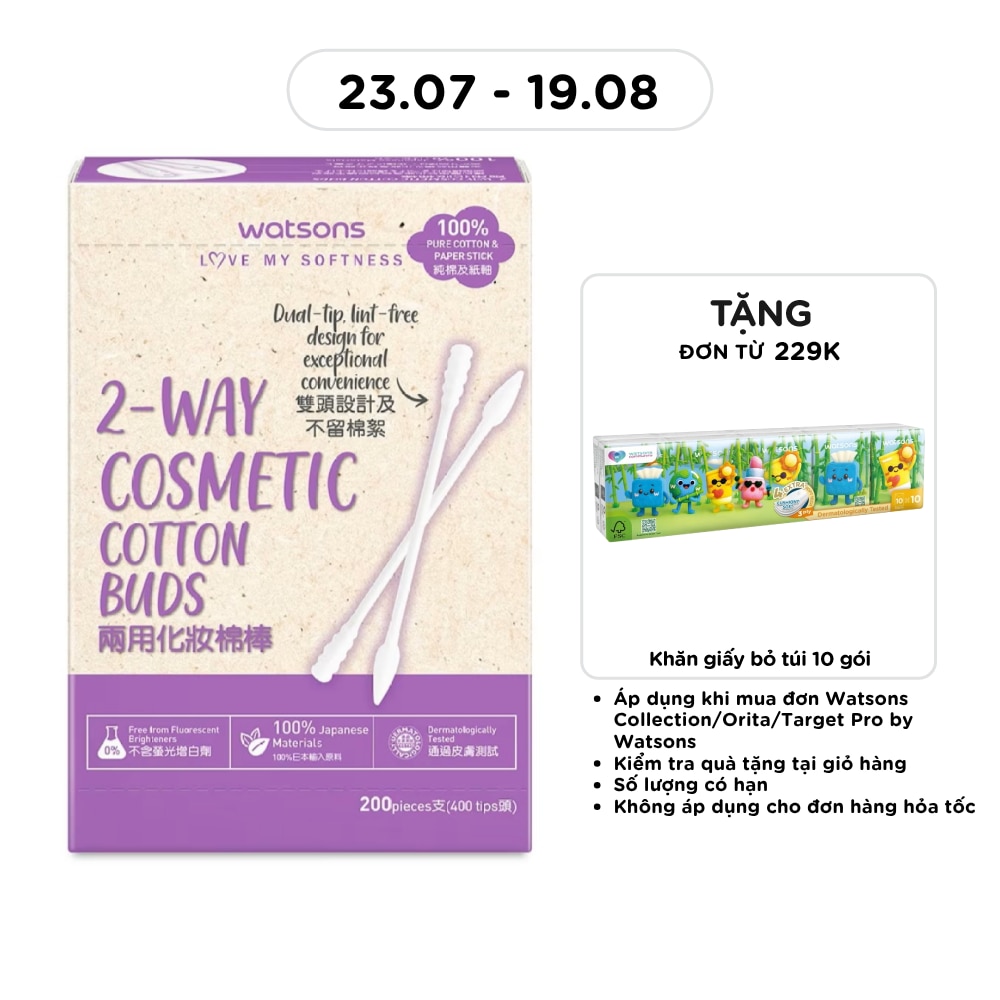 Tăm Bông Trang Điểm 2 Đầu Watsons 2 Way Cosmetic Cotton Buds 200cây