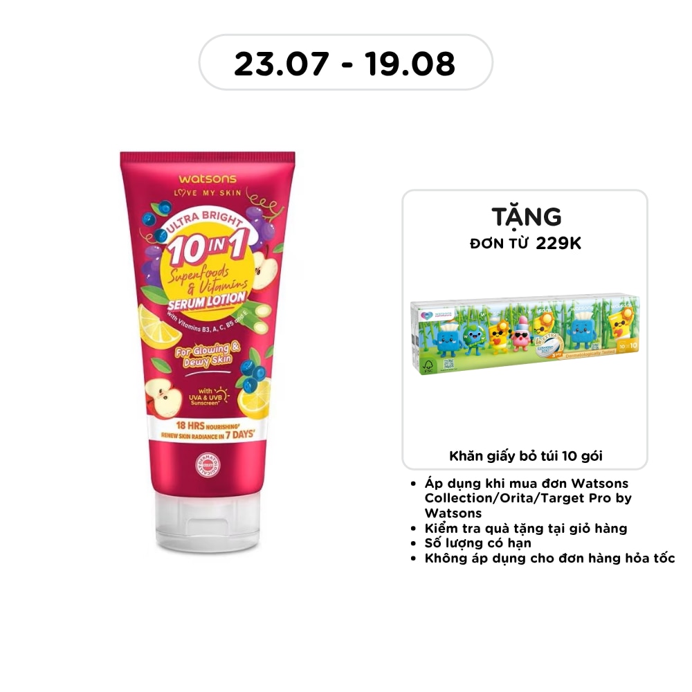 Sữa Dưỡng Thể Sáng Da Watsons Ultra Bright 10-in-1 Superfoods Vitamins Serum Lotion 330ml