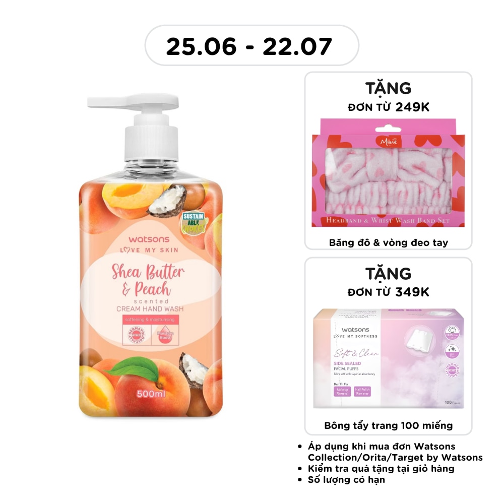 Kem Rửa Tay Hương Bơ Hạt Mỡ và Đào Watsons Shea Butter & Peach Scented Cream Hand Wash 500ML