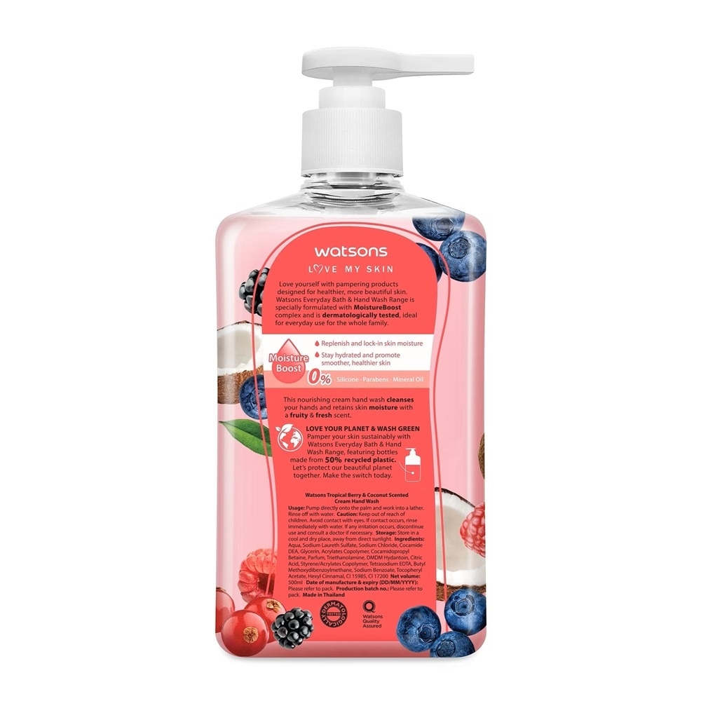 Kem Rửa Tay Hương Quả Mọng và Dừa Watsons Tropical Berry & Coconut Scented Cream Hand Wash 500ML