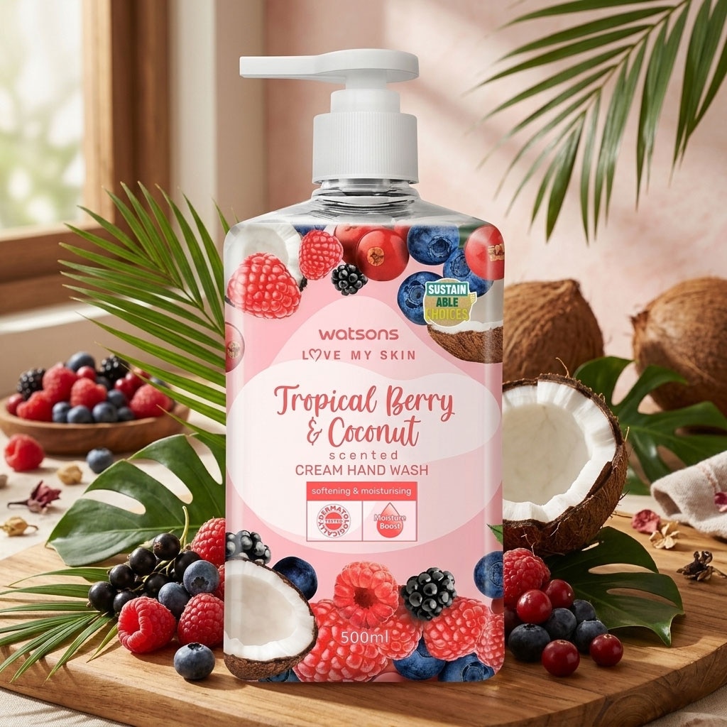 Kem Rửa Tay Hương Quả Mọng và Dừa Watsons Tropical Berry & Coconut Scented Cream Hand Wash 500ML