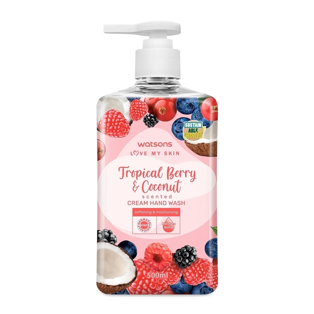 Kem Rửa Tay Hương Quả Mọng và Dừa Watsons Tropical Berry & Coconut Scented Cream Hand Wash 500ML