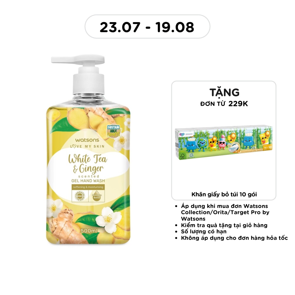 Gel Rửa Tay Hương Trà Trắng và Gừng Watsons White Tea & Ginger Scented Gel Hand Wash 500ML