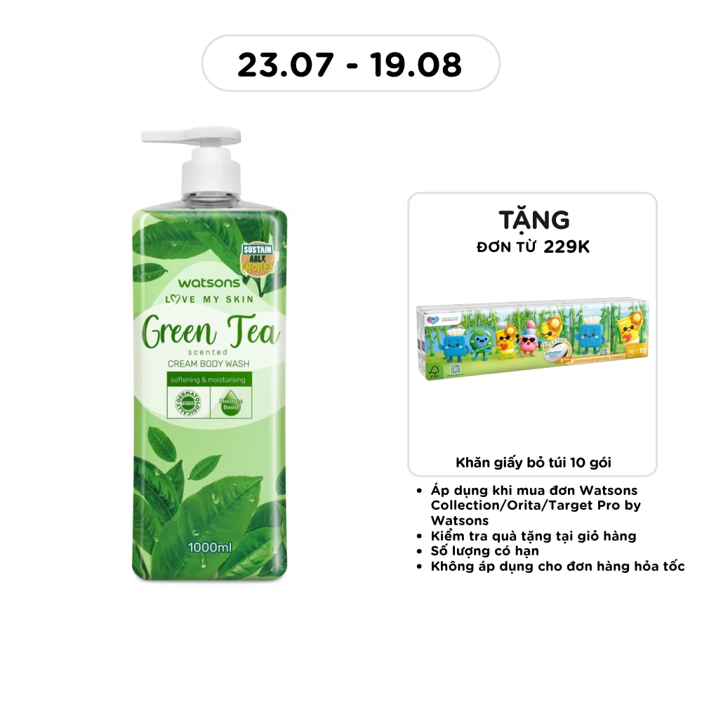 Sữa Tắm Hương Trà Xanh Watsons Love My Skin Green Tea Scented Cream Body Wash 1000ML